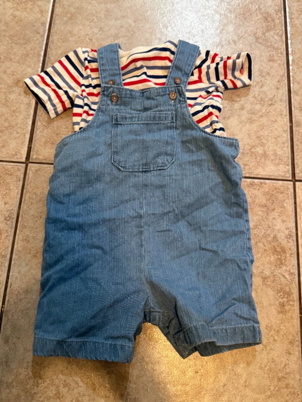 Carter's 2pc Overall Set 12M Denim Overalls Red/White/Blue Striped Bodysuit
